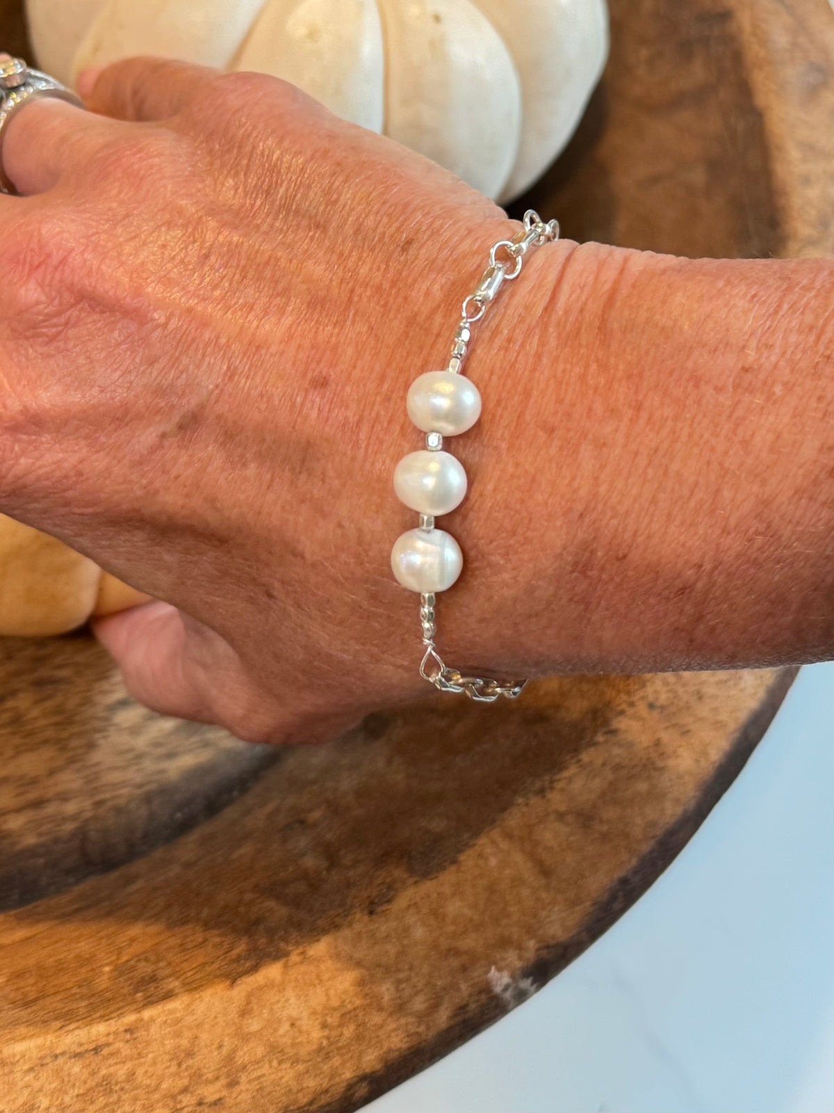 Three Pearl Chain Link Bracelet